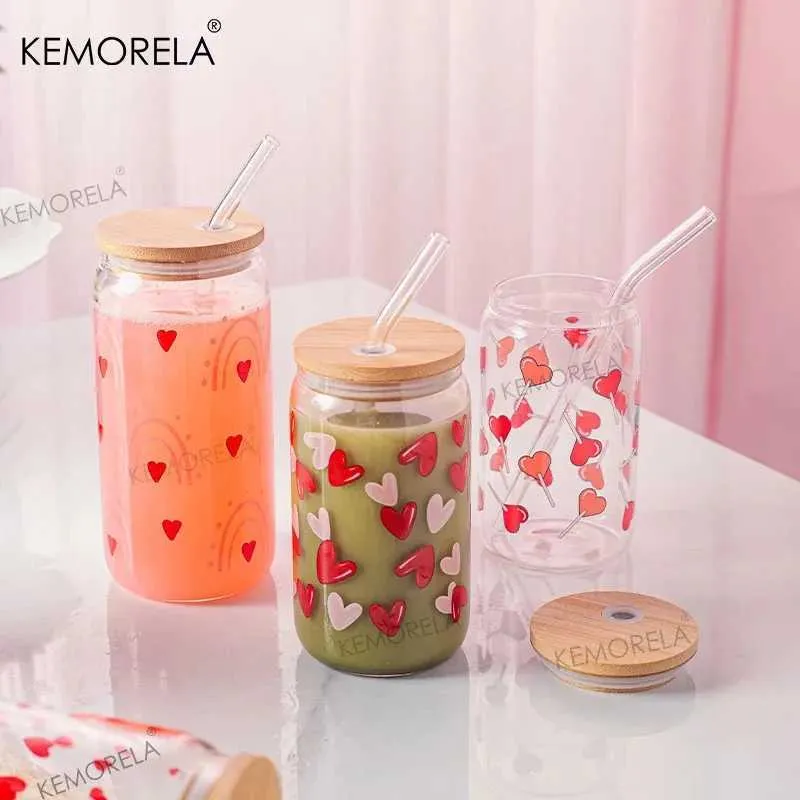 Gobelers 400 ml coeurs tasse en verre imprimé avec couvercle de bambou et jus de paille bière de lait peut élever le borosilicate de la Saint-Valentin présent H240506