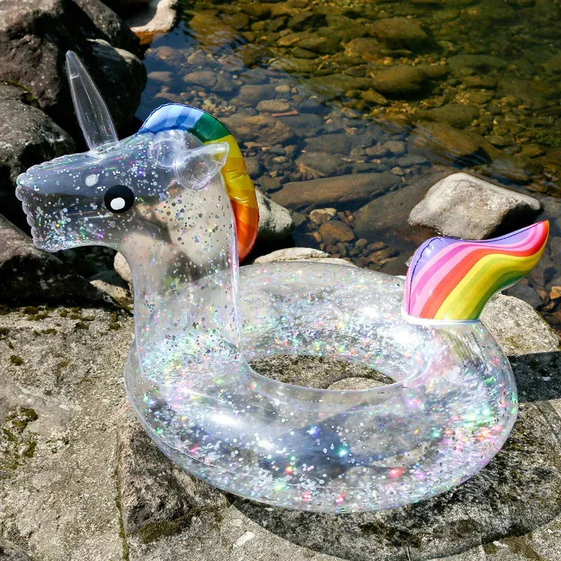 Clear Sequined Inflatable Swimming Ring Water Mattress Glitter Unicorn Summer Pool Toys for Kids pool inflatable float 240506