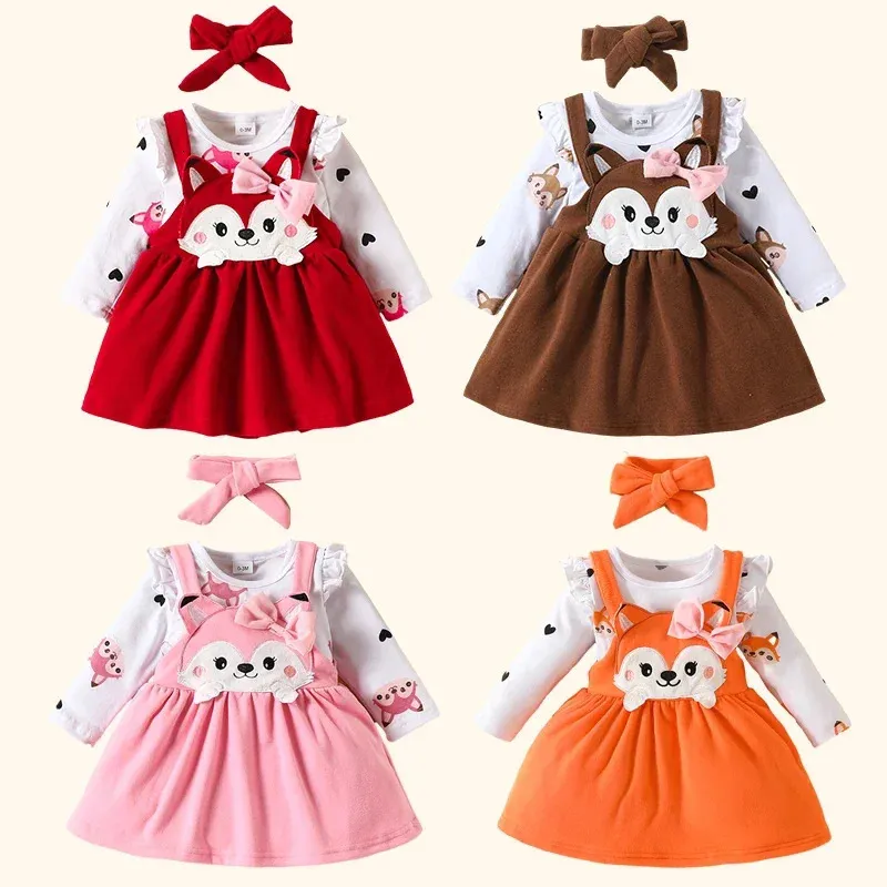 Autumn e inverno Baby JumfsuitliftingBow Set Cartoon Fox Print Rous Girl Roused Childrens Clothler bebê Conjunto 240428