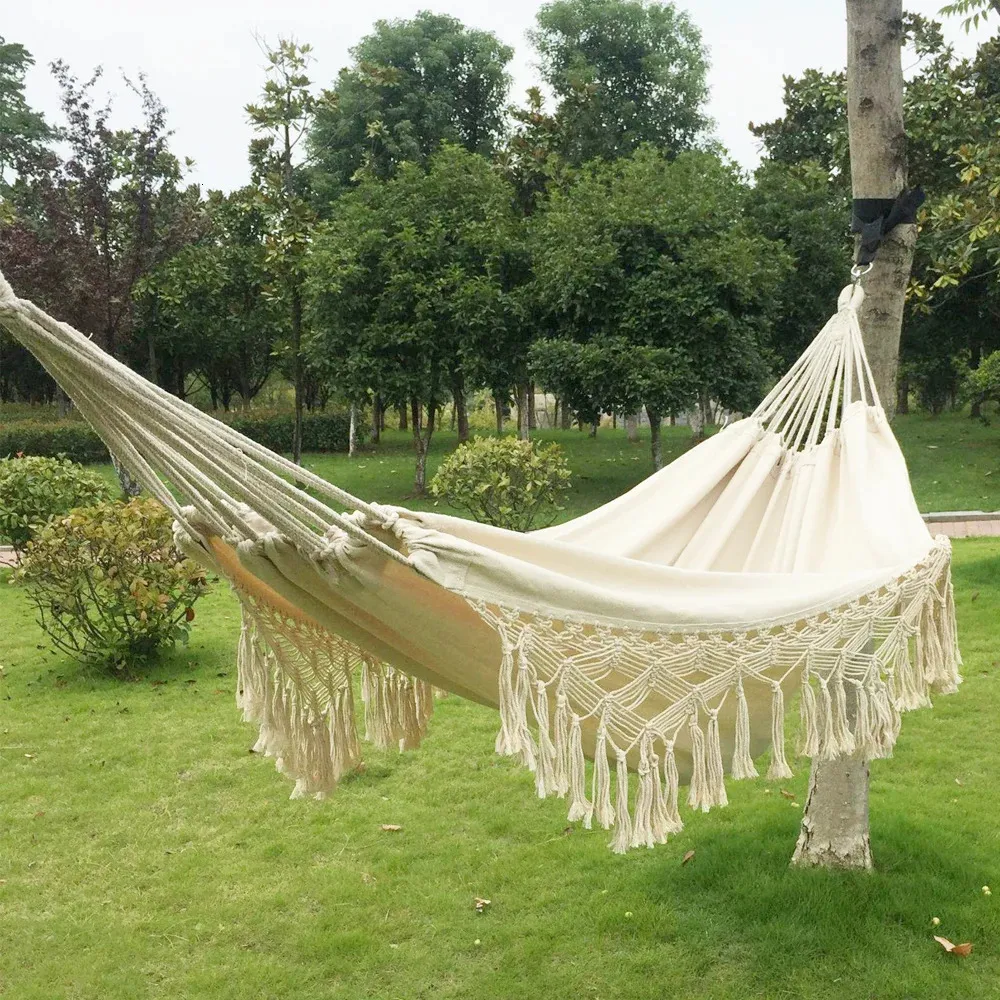 286 * 140cm 2-zits hangmat grote Braziliaanse macrame rand dubbele luxe hangmat swing netto stoel buiten hangende hangmat swing 240426