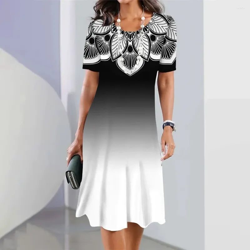 Sukienki swobodne letnie damskie retro nadruki 3D odzież klasyczna kobieta a-line spódnica krótkie rękawy sukienka prostota okrągłe kołnierz pullover