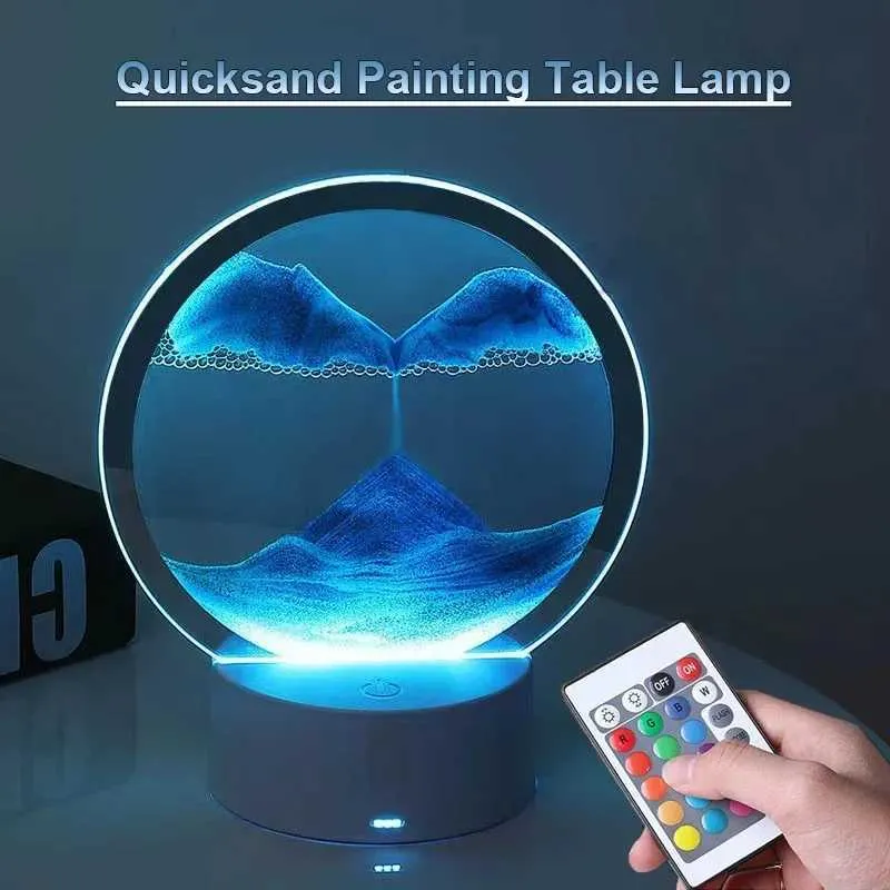 Decoratieve objecten Figurines LED Quicksand Tafellamp met 7 kleuren USB Sandscape Night Light 3D Moving Sand Art Bedide Lampen Home Decor Gift RC Touch Switch T240505