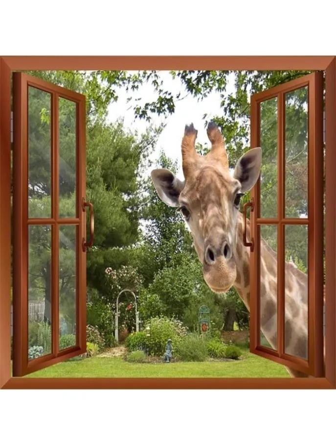 Widok z efektem 3D ciekawa żyrafa wbijająca głowę w okno fałszywe naklejki na ścianę Windows Wyjmowany naklejka na ścianę 2012032192269