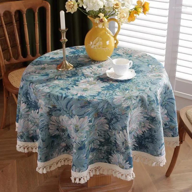 Tableau de table vintage Terylene Tyring Dyed Jacquard Huile Peinture Blue Daisies Cross Croix à franges Rond pour la cuisine de la cuisine