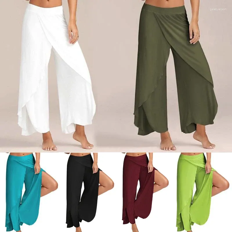 Pantalon féminin Yoga pour femmes Couleur solide Couleur solide et pantalon lâche à volants légers respirant de grande taille