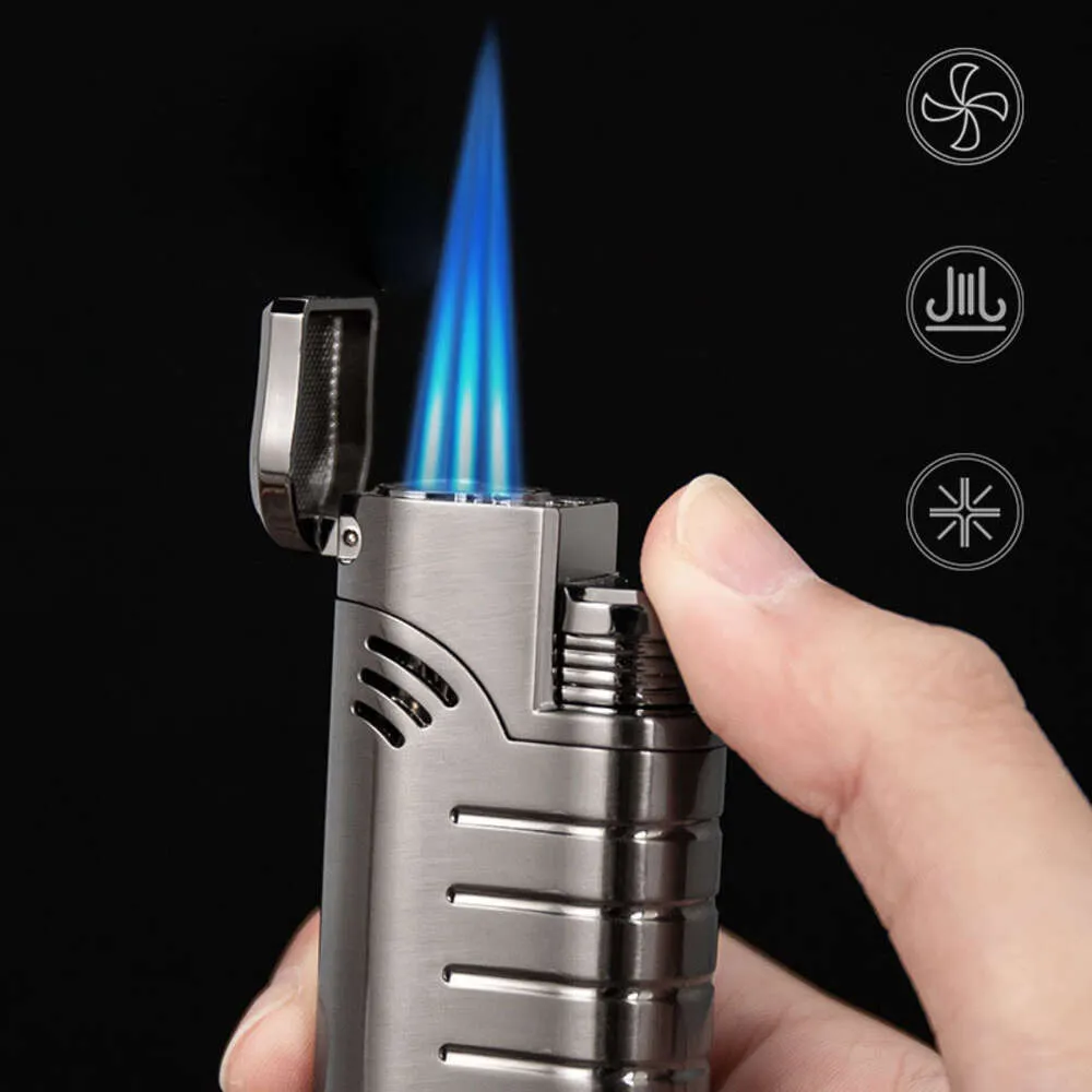 Trois Flame Blue Cigar Light Light Zinc Alliage Windproof Iatable Buil Bright Bight