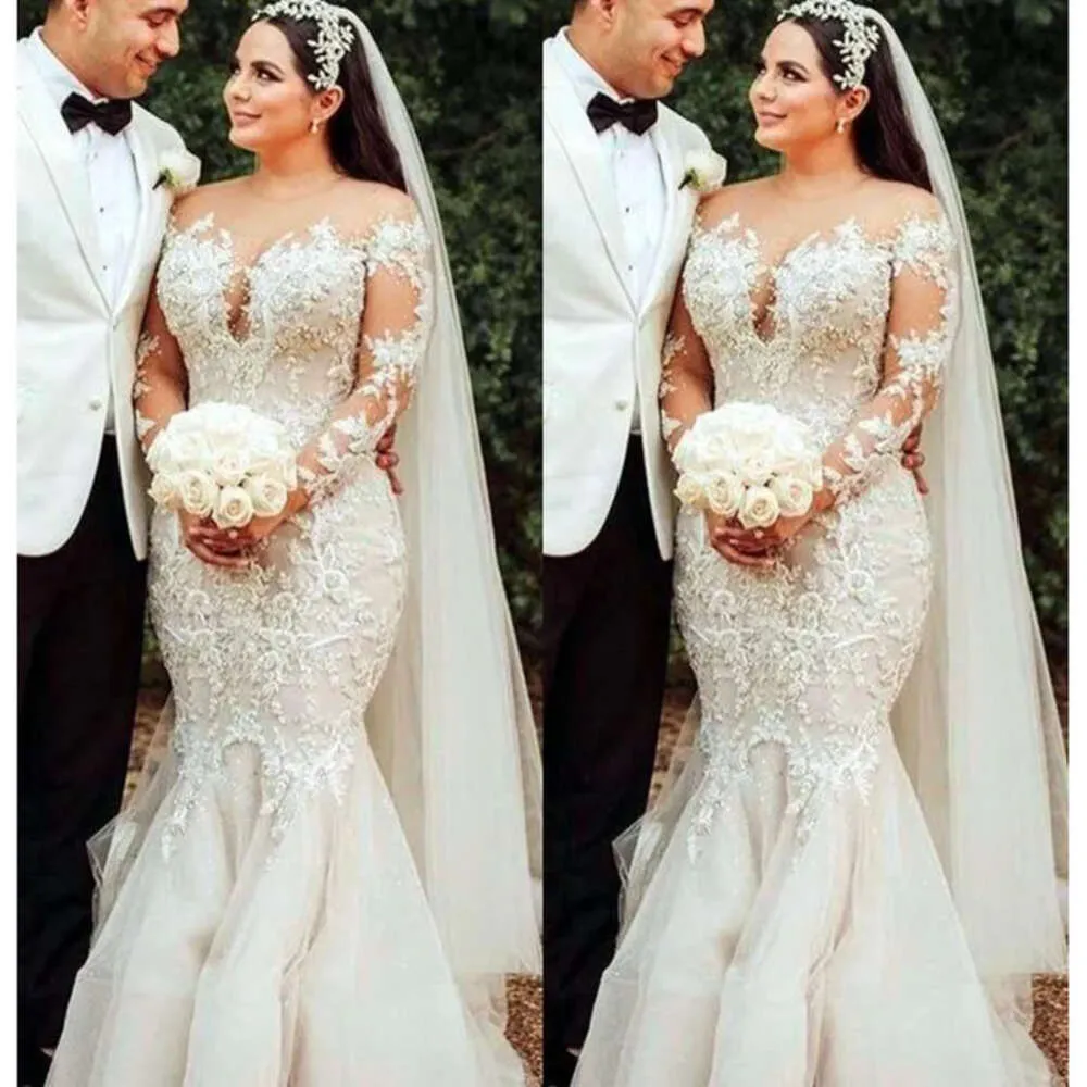 Gown Dresses Beaded Wedding Bridal Long Sleeves 2021 Lace Applique Crystals Jewel Neck Custom Made Country Garden Vestidos De Novia