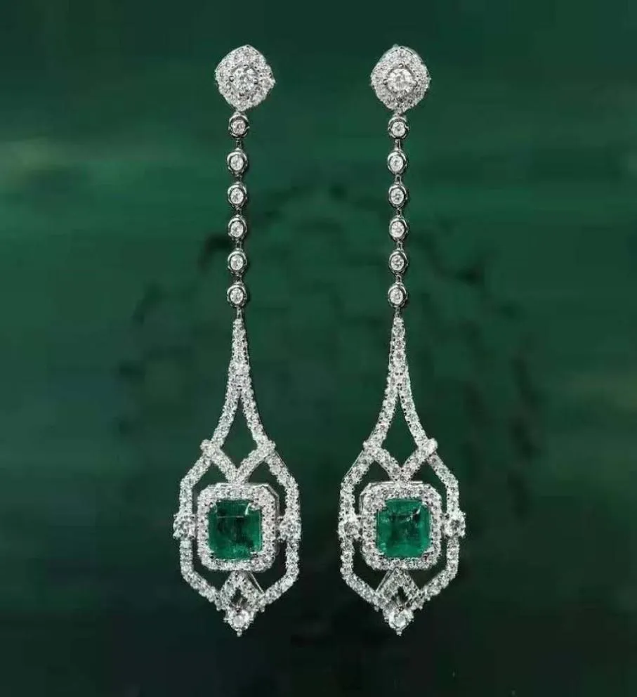 RUZZALLATI Vintage Antique Lab Emerald Jewelry Silver Color Hollow Design Long Drop Earring for Women Dangler Gift 2207183568127