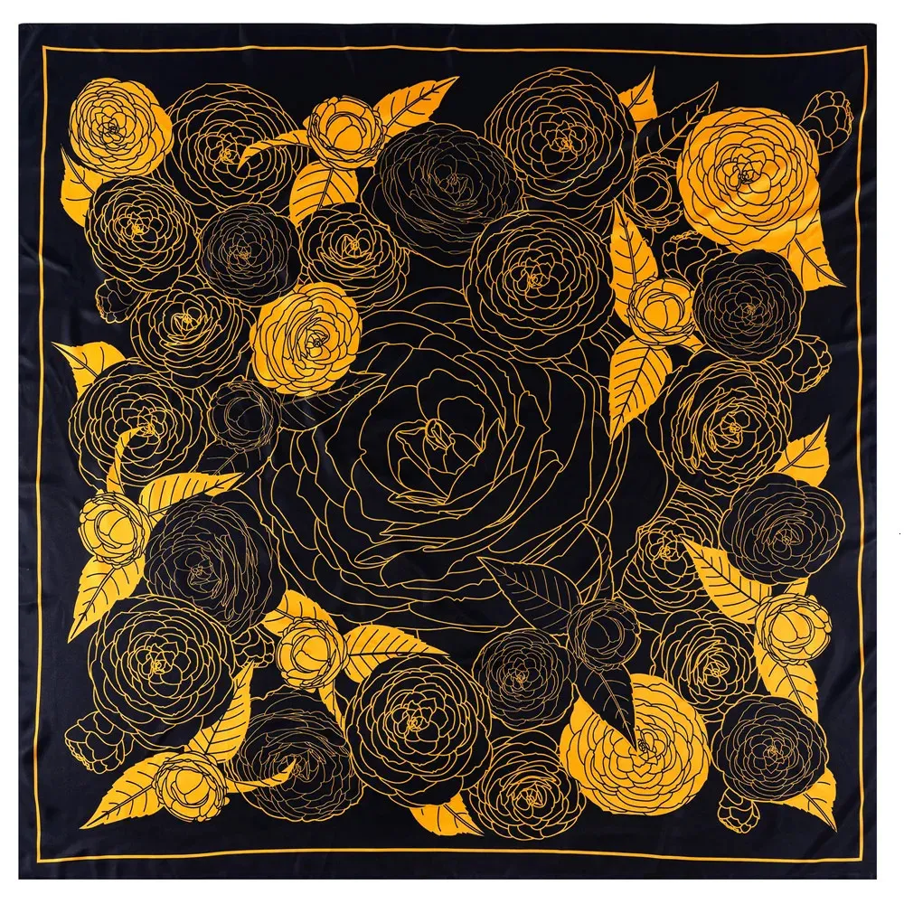 Pobing Silk Scarf Women Flowers Print Stoles Square Scarves Wraps Wraps Large Bandana Neckerchief Hijabs Female Silk Foulards 130cm 240430