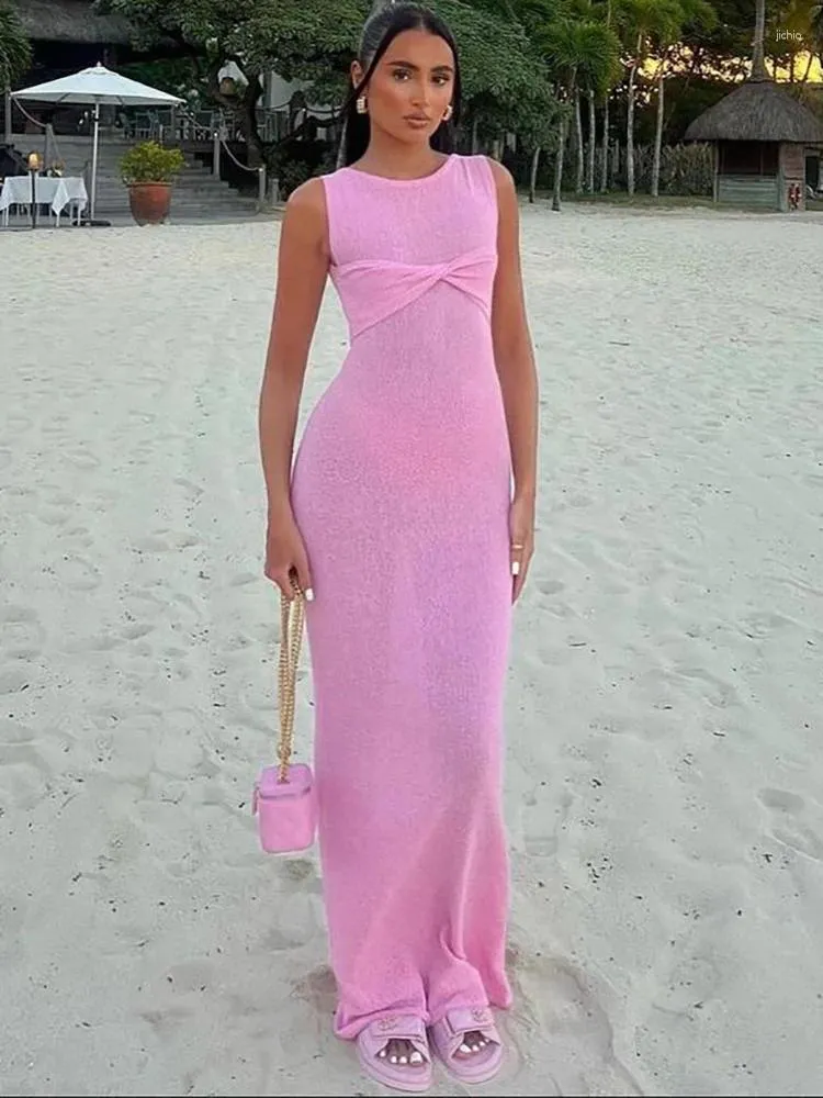 Pink Twisted Sleeveless Maxi Dress - Glossy Summer Beach Knitwear for Women - See-Through Bodycon Cover