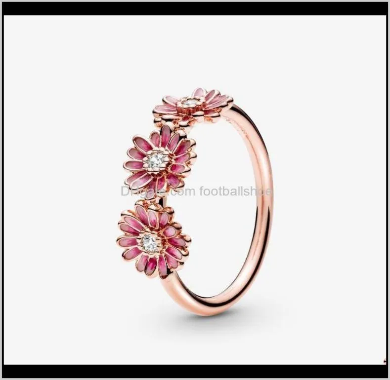 Schmuckoriginaloriginal 925 Sterling Sier Rose Pink Daisy Flower Trio Ring für Frauen für die Hochzeitsbindung Pfanne Cluster Tropfen D8697479