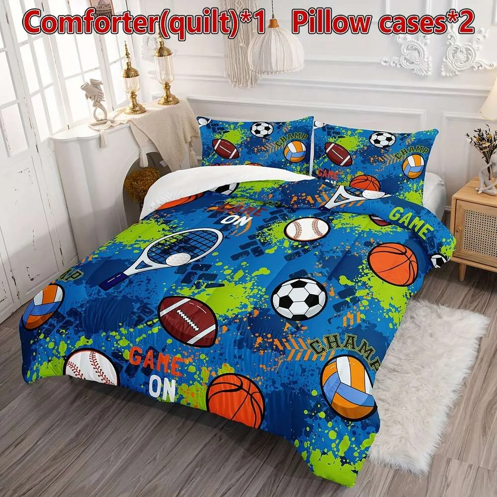 羽毛布団カバーボーイズガールズ用のフットボールバスケットボール、1つの掛け布団と2つの枕カバーの寝具セットのサッカー羽毛布団