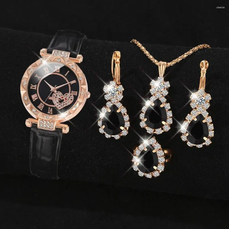Montre-bracelets 6 pcs / ensembles de quartz décontractés sur le cuir et bijoux simulés en cuir et bijoux