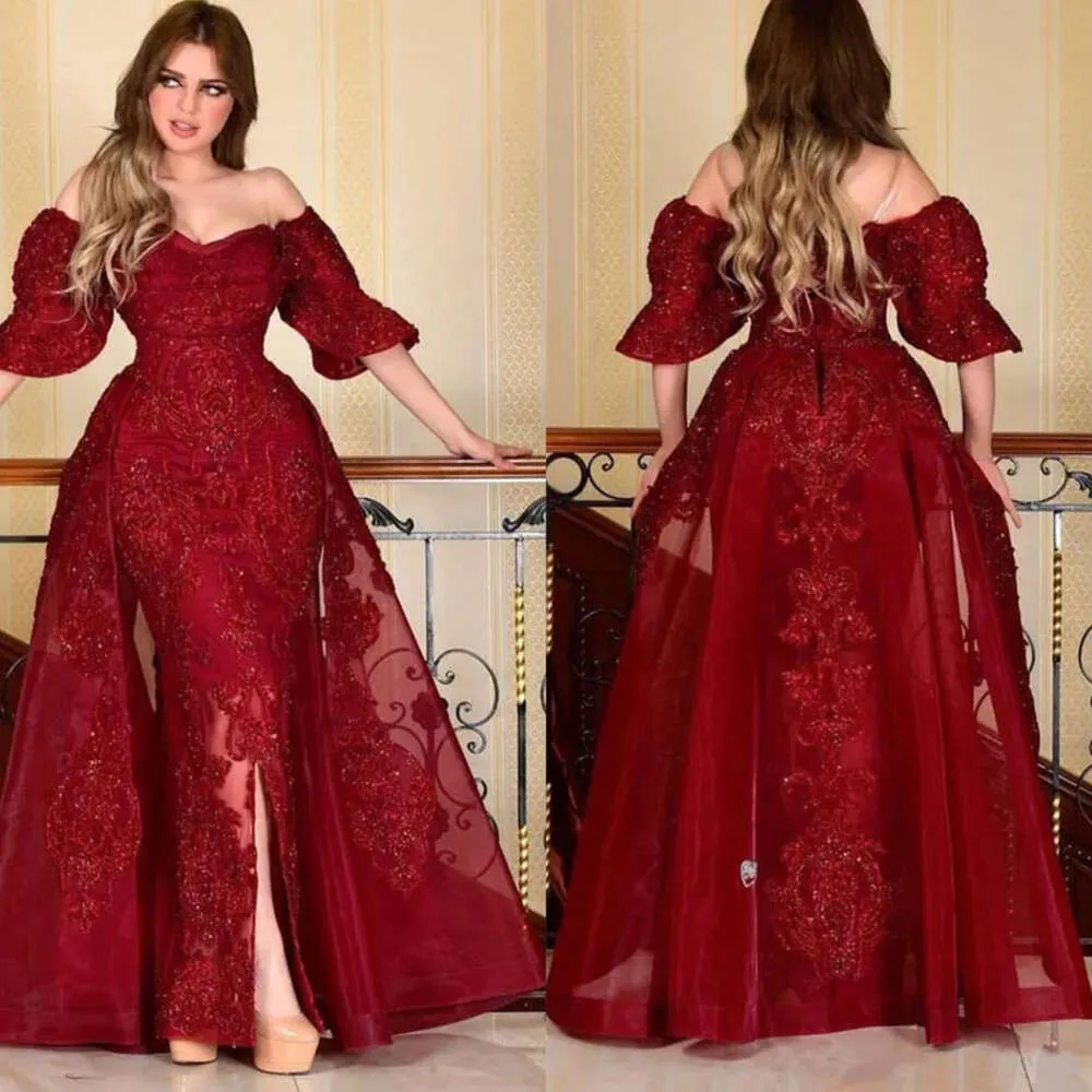Dresses Prom Dark Arabic Red Off The Shoulder 1/2 Half Sleeves Lace Applique Crystals With Overskirt Evening Ball Gown Party Formal Plus Size Custom Made