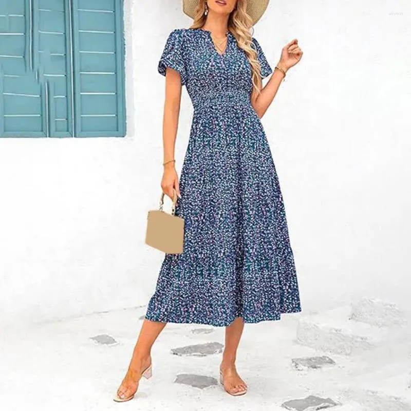 Abiti per feste Lady Dating Dress Floral Print V Neck Midi For Women A-Line Swing Style con maniche a bolle in vita alta vacanza estiva