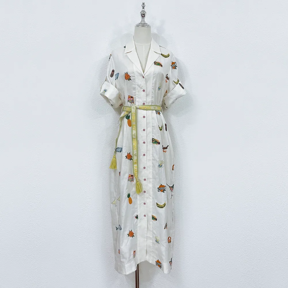 Sukienka damska lniana biała szyja na szyję z krótkim rękawem haft haftowy koszulka midi sukienka midi