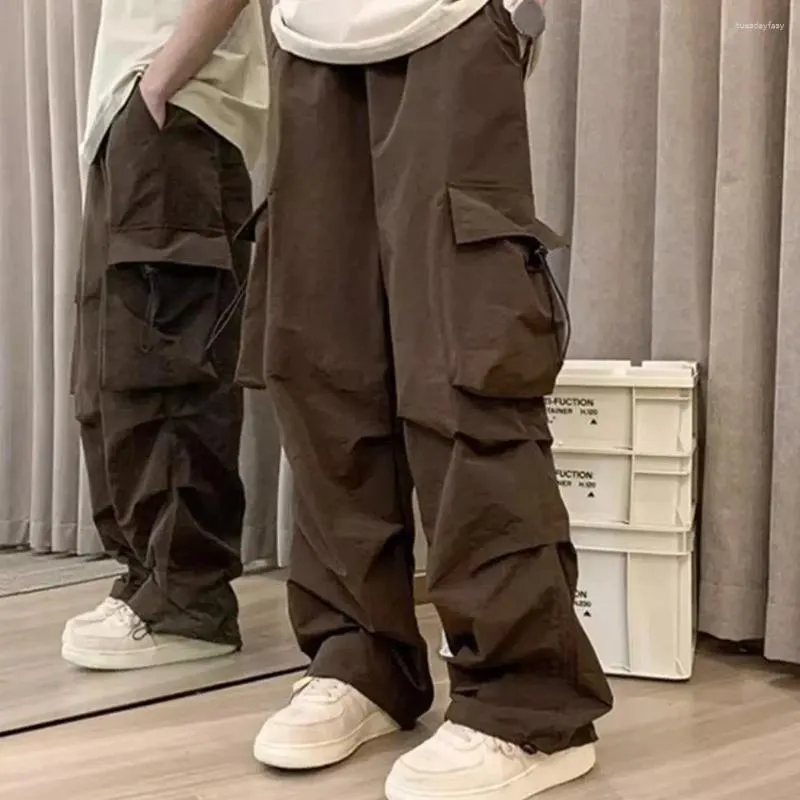 Calça masculina masculino de cor sólida Multi bolsos soltos Croth devora profunda Caixa de hip -hop da rua alta cintura elásica
