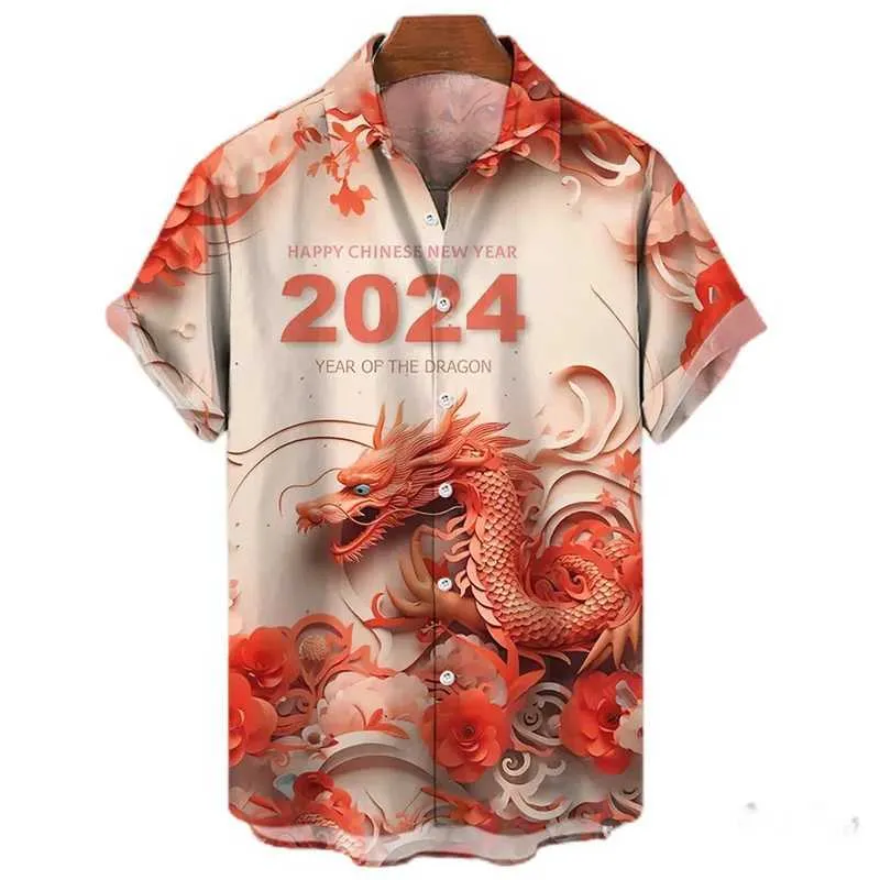 Men's Casual Shirts 2024 Happy New Year 3D Printed Blouses For Men Clothes Ethnic Chinese Short Slve Goth Red Dragon Graphic Shirts Boy Gift Tops Y240506