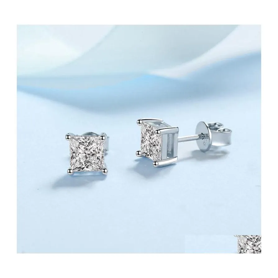 Stud Princess Cut 2Ct Diamond Test doorgegeven Rhodium vergulde 925 Sier D kleur oorbellen sieraden paar cadeau 220211 drop levering dhucy 261G