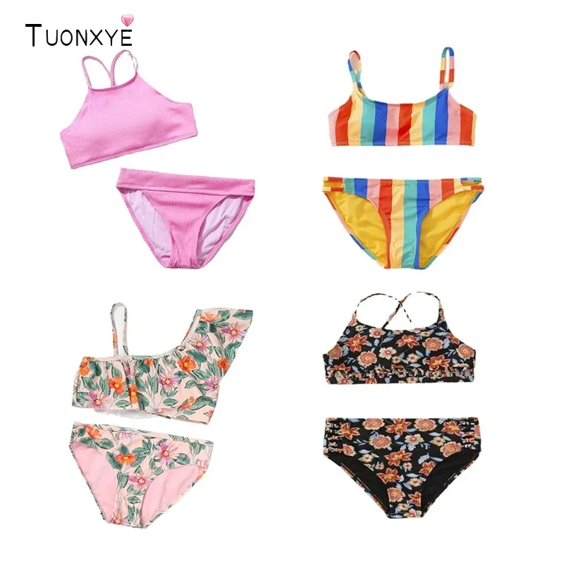 Swimwear Tuonxye Girls Swimwear Swimsuits Outfits Off Shoulder Crop Top Floral Print Brils Set Children Bikini Beachwear Bathing Suits