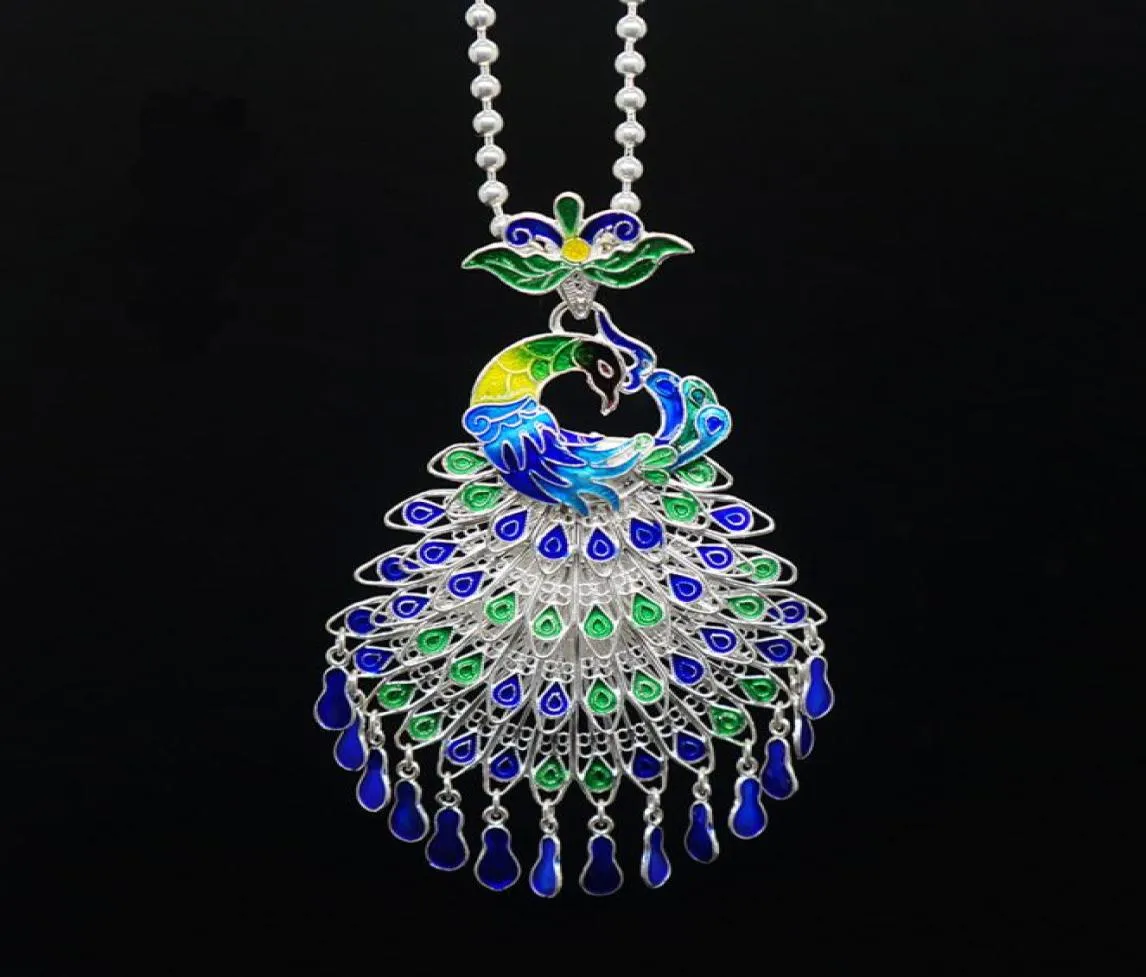 Sterling Silver Jewelry Cloisonne Peacock Pendant Chinese Phoenix Halsband smycken Charms för kvinna bröllopsdag gåva8973695