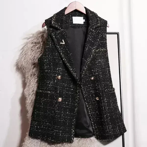 Vintage Tweed yelek kadınlar için siyah v yaka çift göğüslü ceketler Sonbahar Kış Koreli Ofis Lady Weistcoat L60 240506