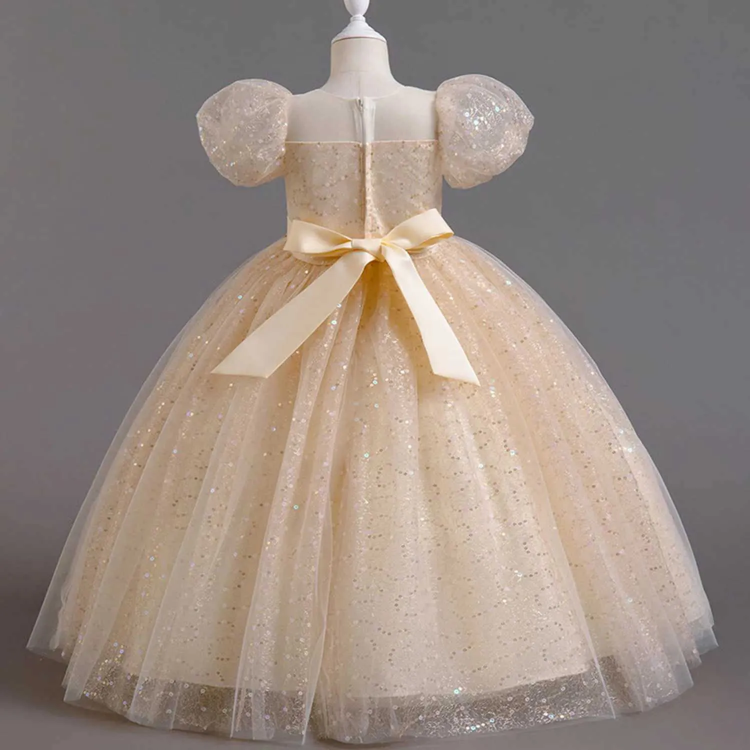 Robes de fille Petites grandes filles manches bouffées brodées à paillettes fleures pour fille d'anniversaire de fête d'anniversaire formel princesse pagenat robe