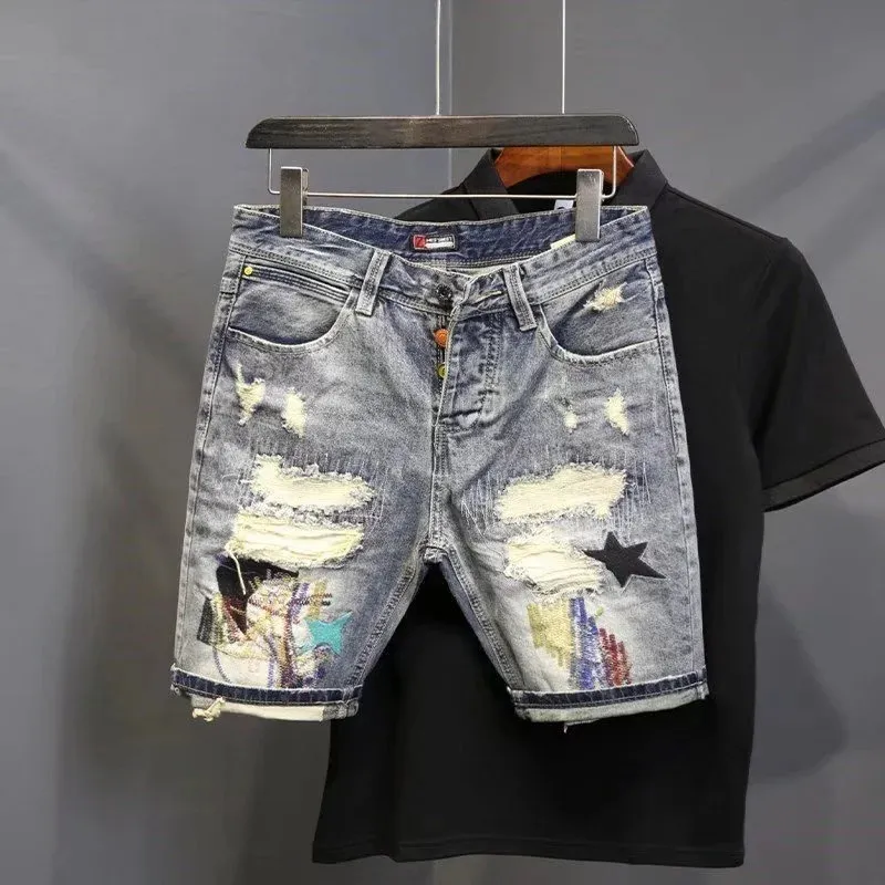 Patch gratté de mode pour hommes Summer Shorts en denim Hip Hop jeans lavables Shorts pantalons intermédiaires décontractés 240430