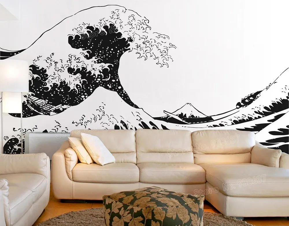 Autocollants japonais stickers mural vinyle autocollant katsushika hokusai grande vague au large de Kanagawa vue sur les autocollants d'art du mont Fuji grande taille ZB509