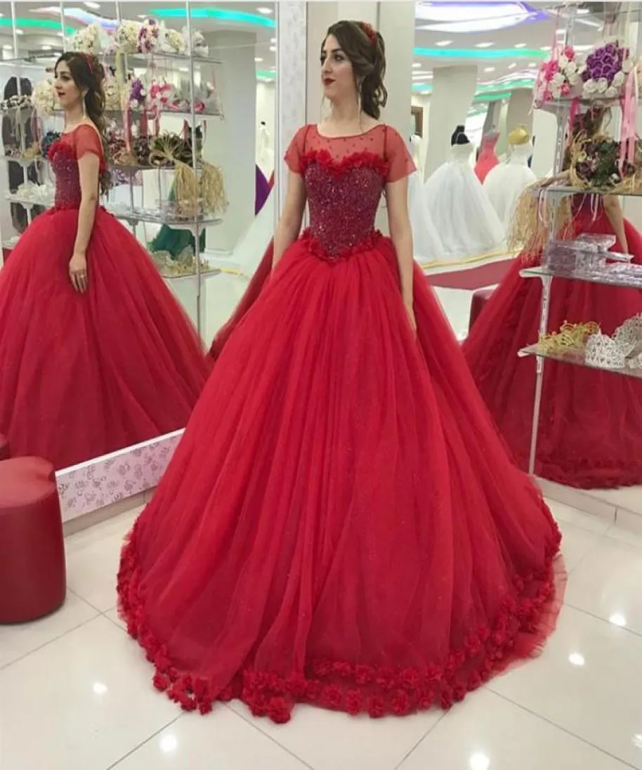 Discount Real Red Short Sleeves Quinceanera Dresses Ball Gowns Scoop Neck Applique 3D Flowers Sweet 16 Dresses6464004