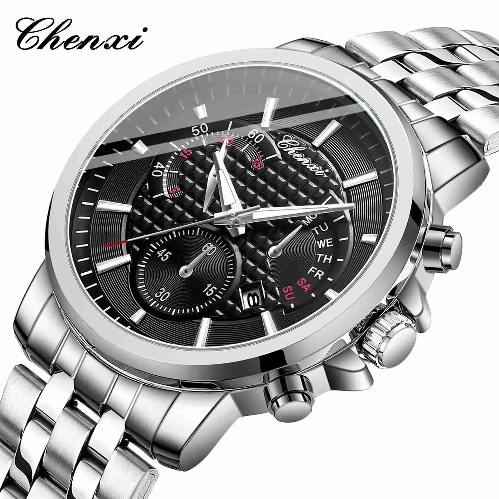 Chenxi Dawn Mens Watch Fashion Trend Night Light Waterproof Calendar Steel Band Quartz