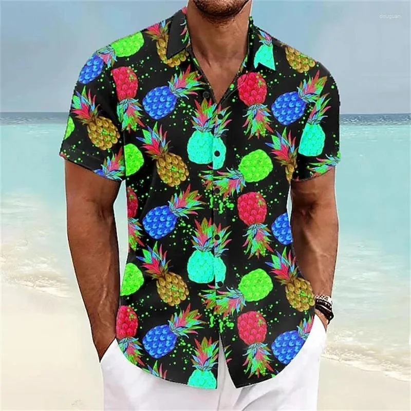 Mäns avslappnade skjortor hawaiiansk skjorta kort ärm överdimensionerad 3D -tryckananas mönster manliga kläder harajuku toppar sommarmode