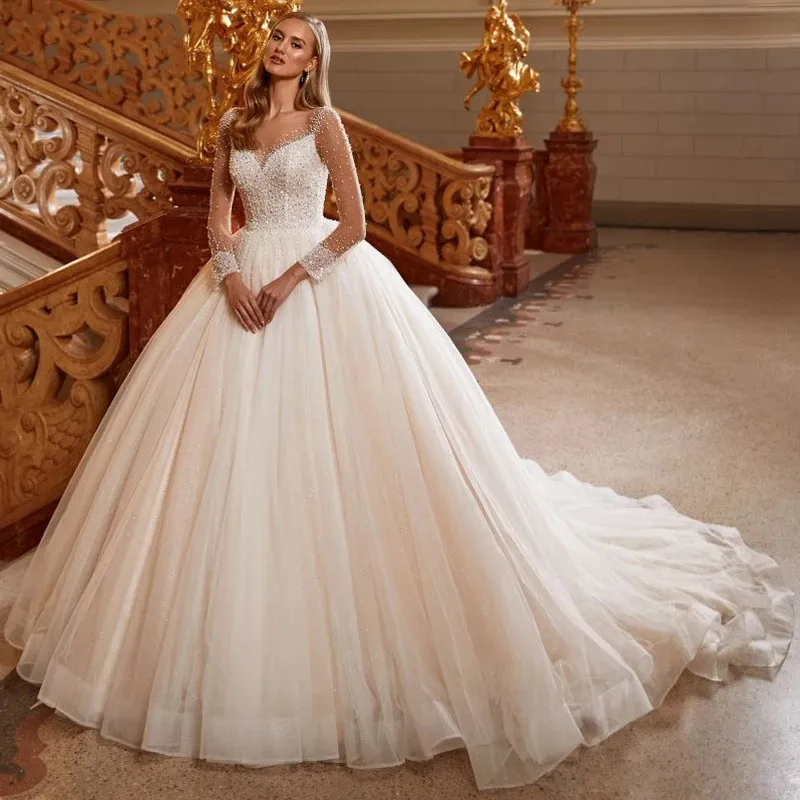 Splendido abito da sposa 2024 Principessa Sheer Neck Long Illusion maniche perle perle perle in pizzo di tulle in pizzo Dubai da sposa Vestidos de noivas