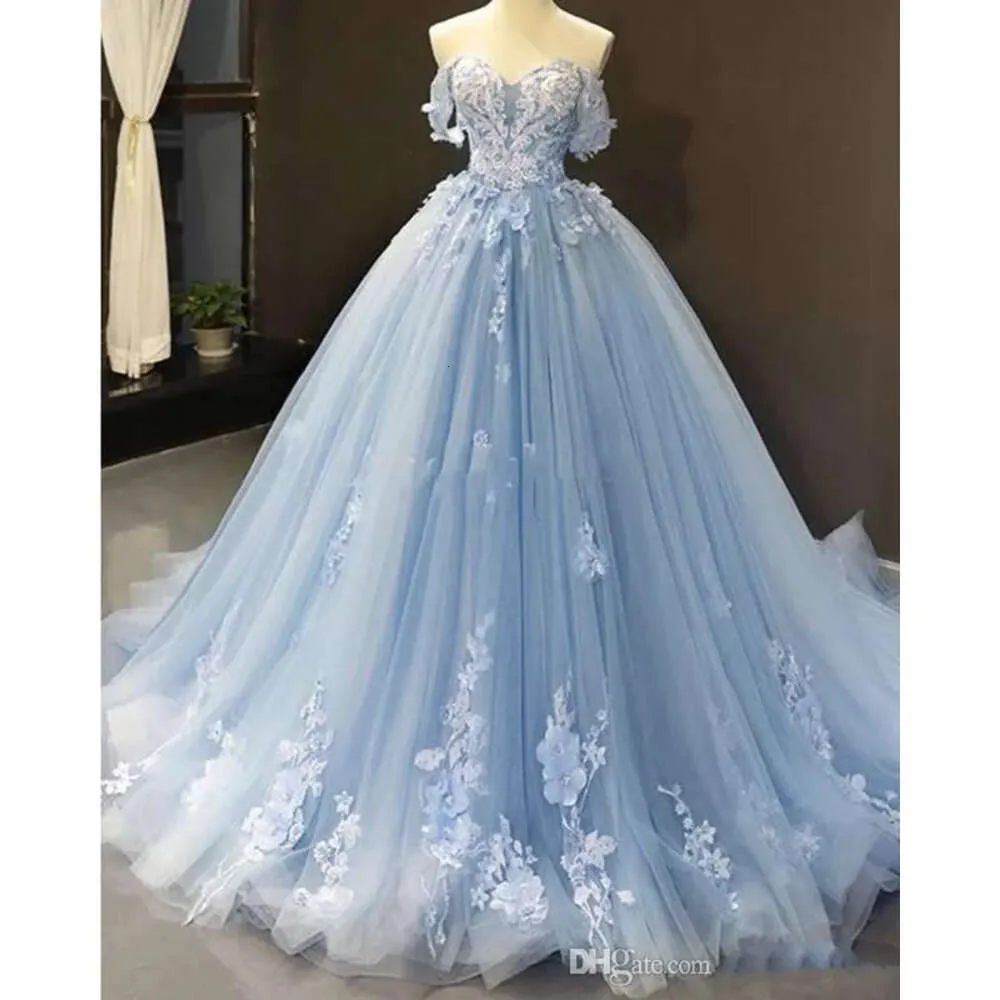 Kleiderkleid Abend heller Ball Himmel blau von Schulterhülsen und Applikationen Spitzen formelle Partykleid Vestidos de Quinceanera