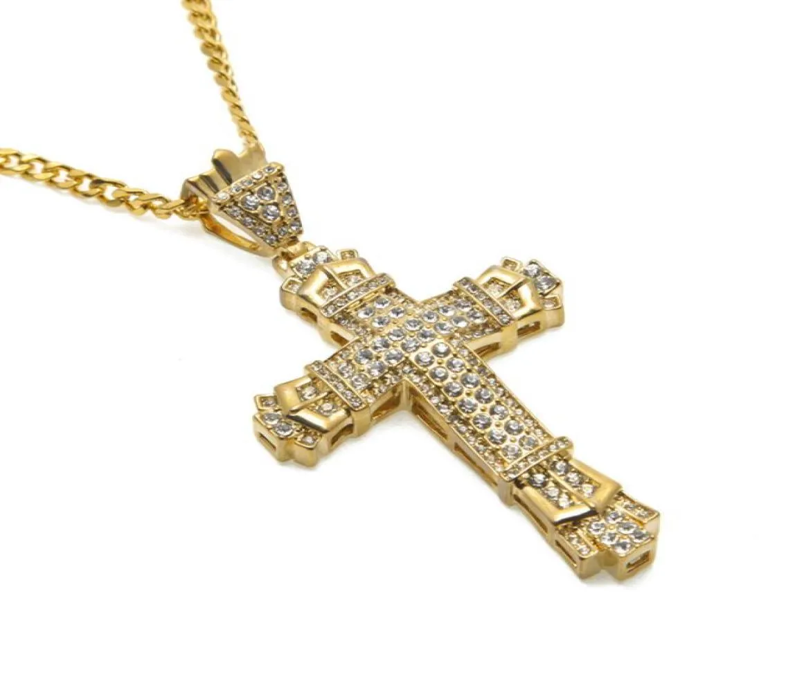 MENS BLING ICED ut 18K Gold Plated Hip Hop Rhinestones Crystal Cross Pendant Necklace Cuban Link Chain Men smycken NecklaciSpend6693639