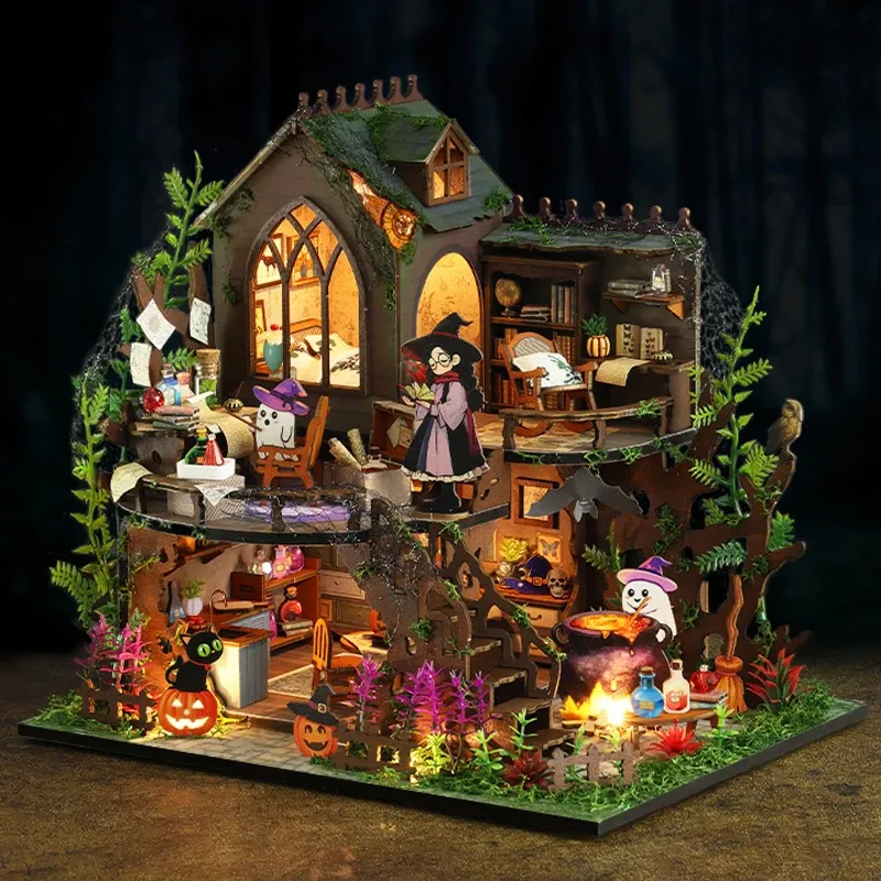Miniaturas Nuevo Retro Diy Magia Magia Magia Casa Casa de muñecas Kits de miniatura con muebles Luces LED Decoración del hogar Regalos hechos a mano para adultos