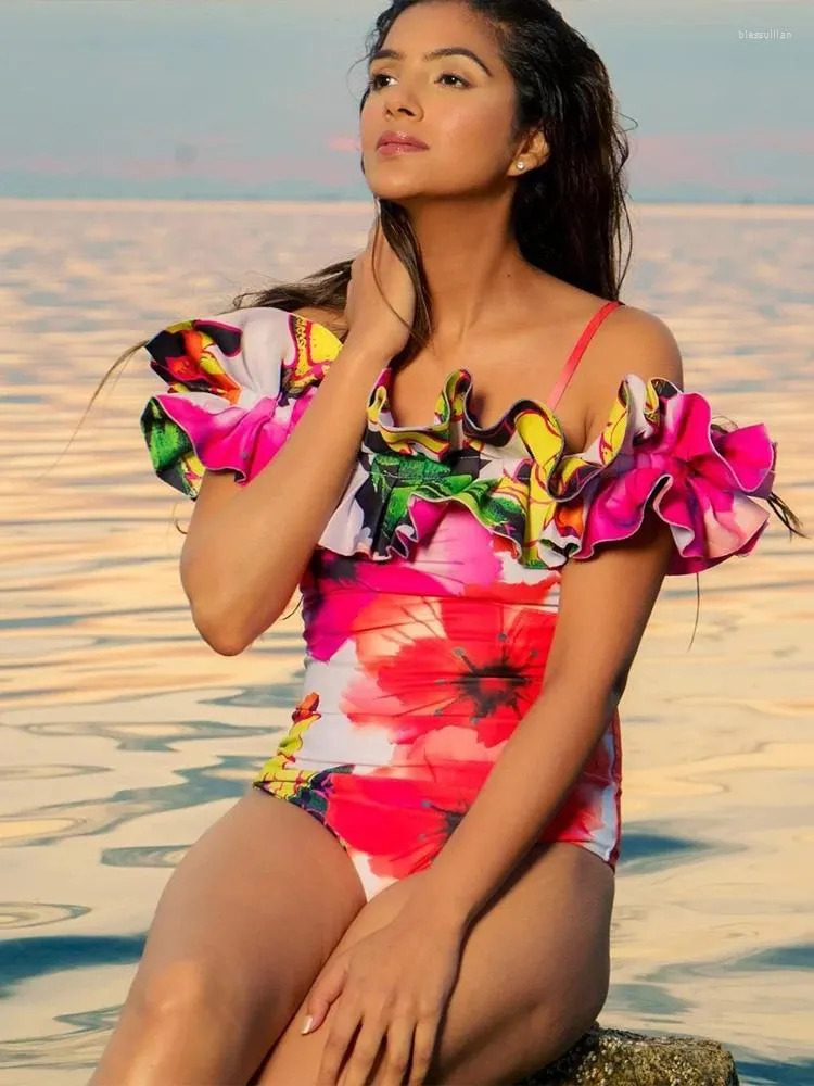 Swimwear de mujeres 2024 Sexy Ruffle Edge Impring One Piece Tuit Brasil Brasil Vintage Spring Bikini Set Chiffon Beach Skirt