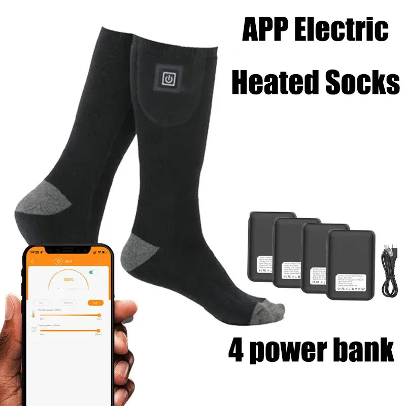 5000mah chaussettes de chauffage électrique application de téléphone mobile Contrôle de téléphone mobile chaud hiver extérieur pour hommes de randonnée ski de vélo de randonnée 240428