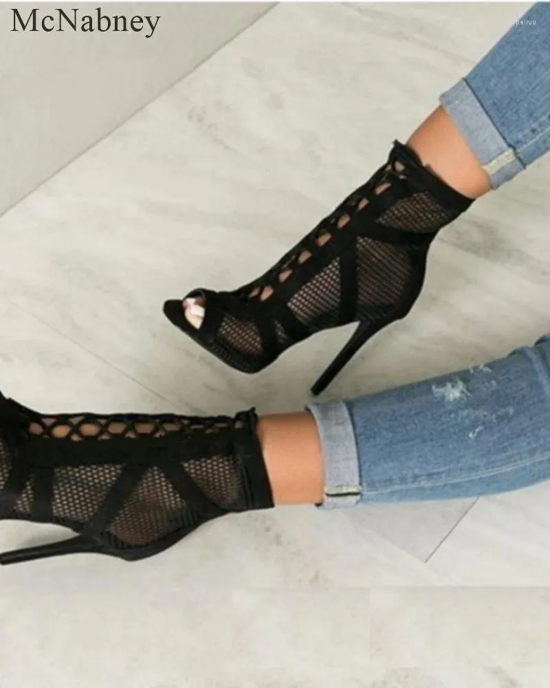 Zapatos de vestir negros sexy de gamuza de gamuza sandalias bocaderas botas Correa de transmisión Dos tipos de alturas del tacón delgadas 7 cm y 11 cm de encaje