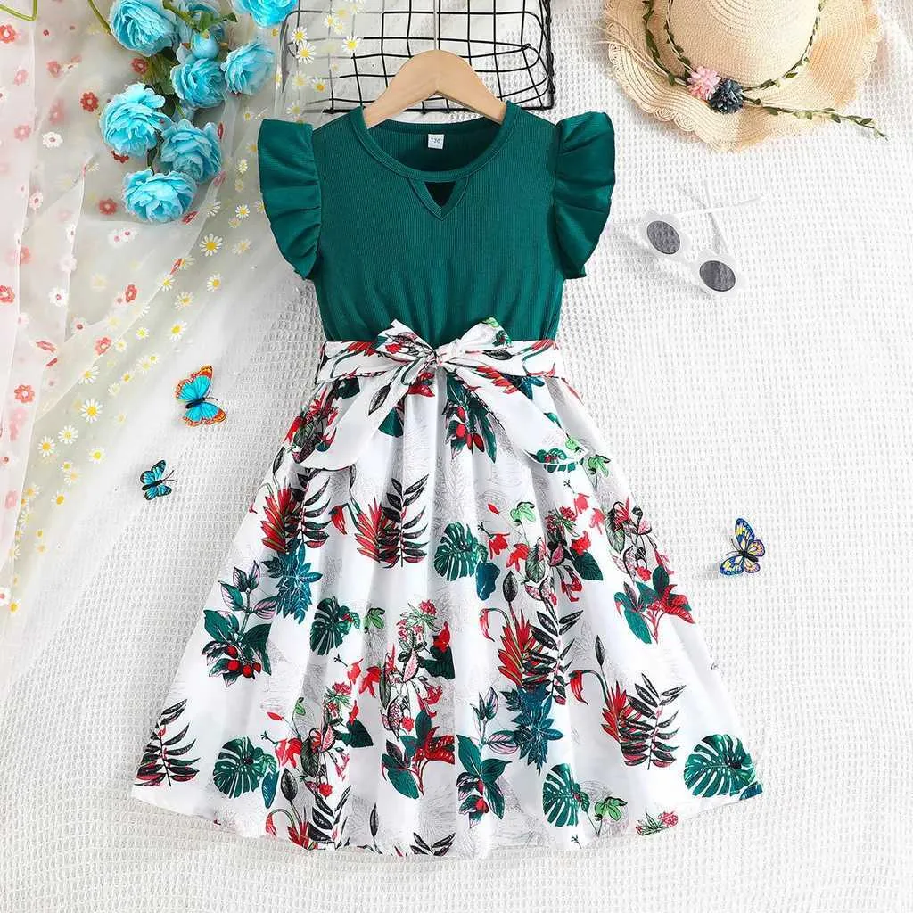 Girl's jurken jurk voor kinderen 7-12 jaar oude verjaardag smaragdgroene groene gegolfde mouwloze bloemenprinsesjurken ootd voor babygirll2405