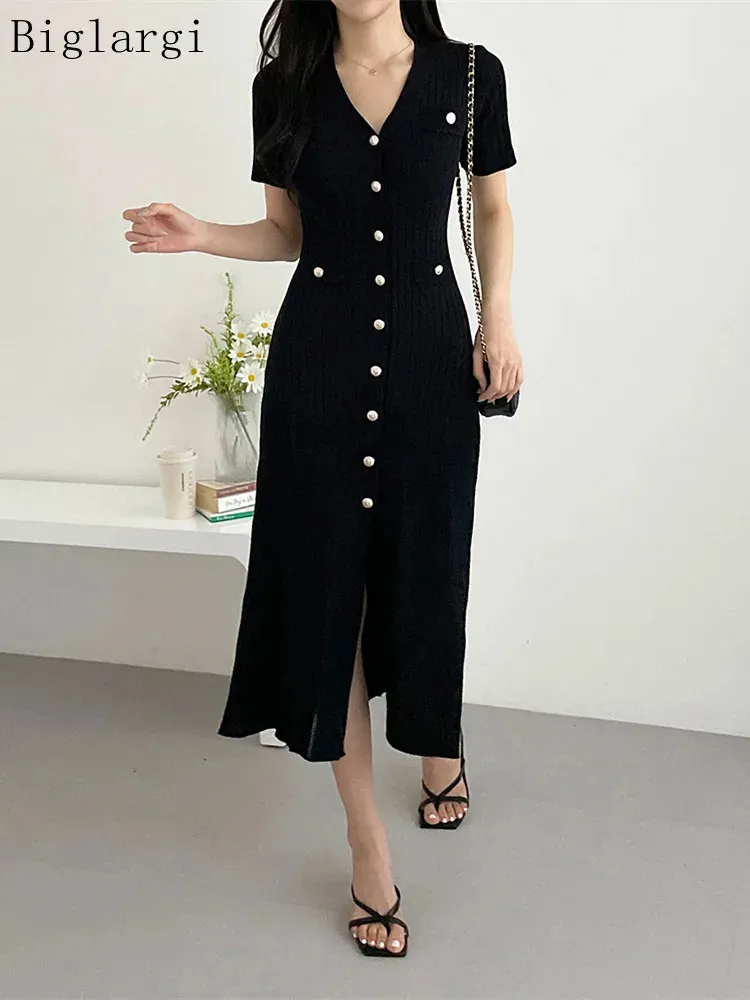Summer Midi Dres a maglia Black BodyCon Corea Style Ruffies Dresses Abiti da donna casual Fashion Elegante 2023 240416