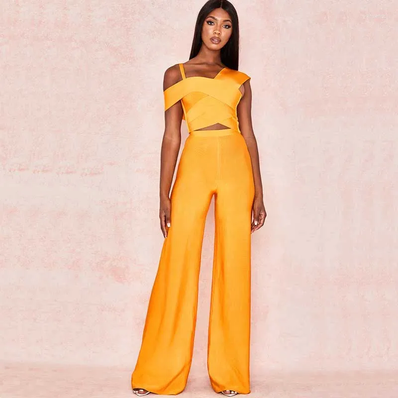 Werk jurken groothandel 2024 Summer Ladies Suits Orange Bandage Toptrousers Sexy Cocktail Party Two -Pally Set Dress
