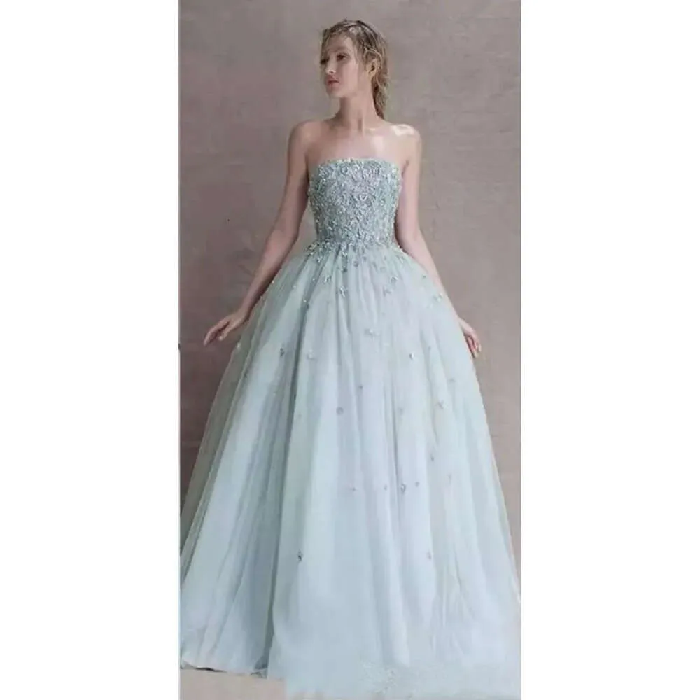 slim fit dress slacks A-line Sage Green Tulle Long Prom Dress Strapless Formal Dress fg4067   formalgowns