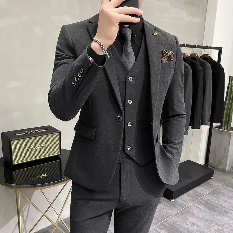 Jacket Vestbroeken High-end merk Boutique Fashion Solid Color Mens Casual Business Suit 3-Piece Set Bruidegom trouwjurk 240428