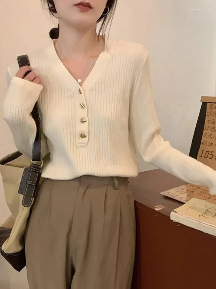 Sweter w dekolcie damski z baksakami z minimalistyczną jesienią bazą koreańską Wersja Koreańska Projekt poczucie temperamentu sparowanego francuskiego