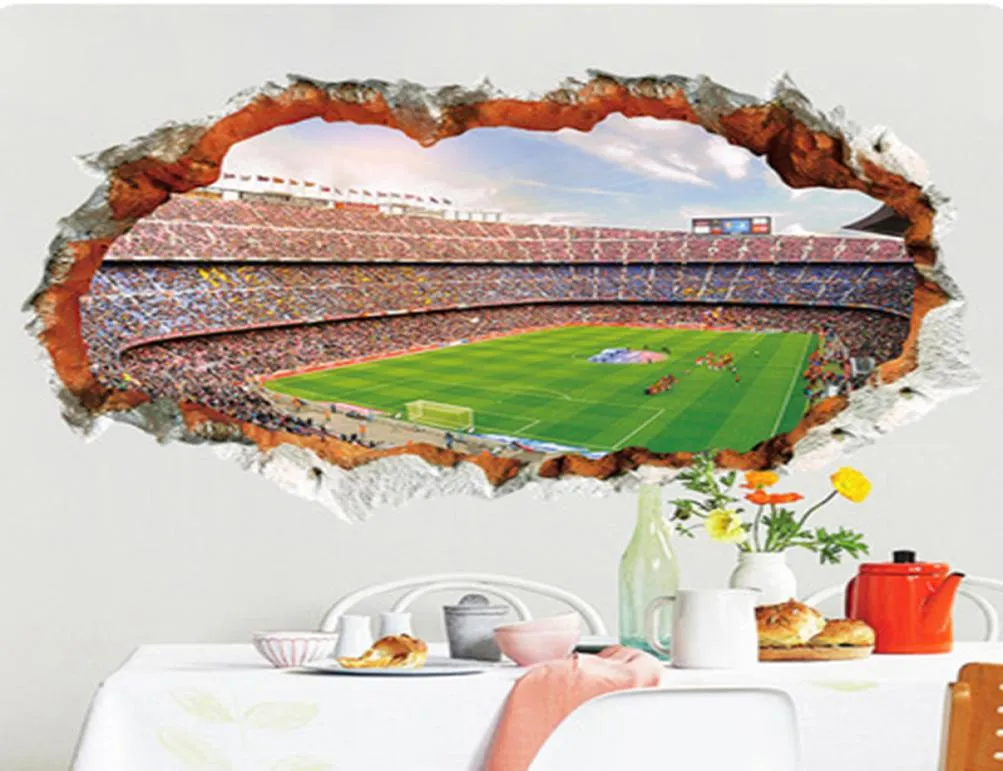 3D Stereo Cracked Wall View Football Field Wandaufkleber Hausdekoration Wand Wandbildplakat Kunst Wohnzimmer Schlafzimmer Bürodekor Wallpap3634649