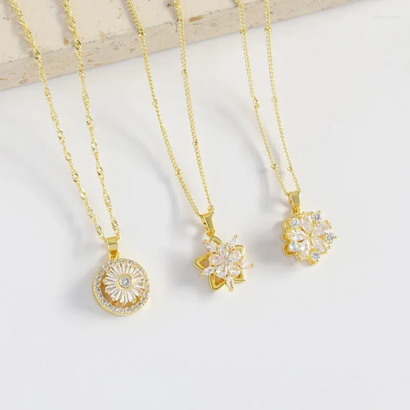 Chains Golden Color Pentagram Flower Pendant Rotating Necklace For Women Girls Delicate Shining Rhinestone Geometric Clavicle