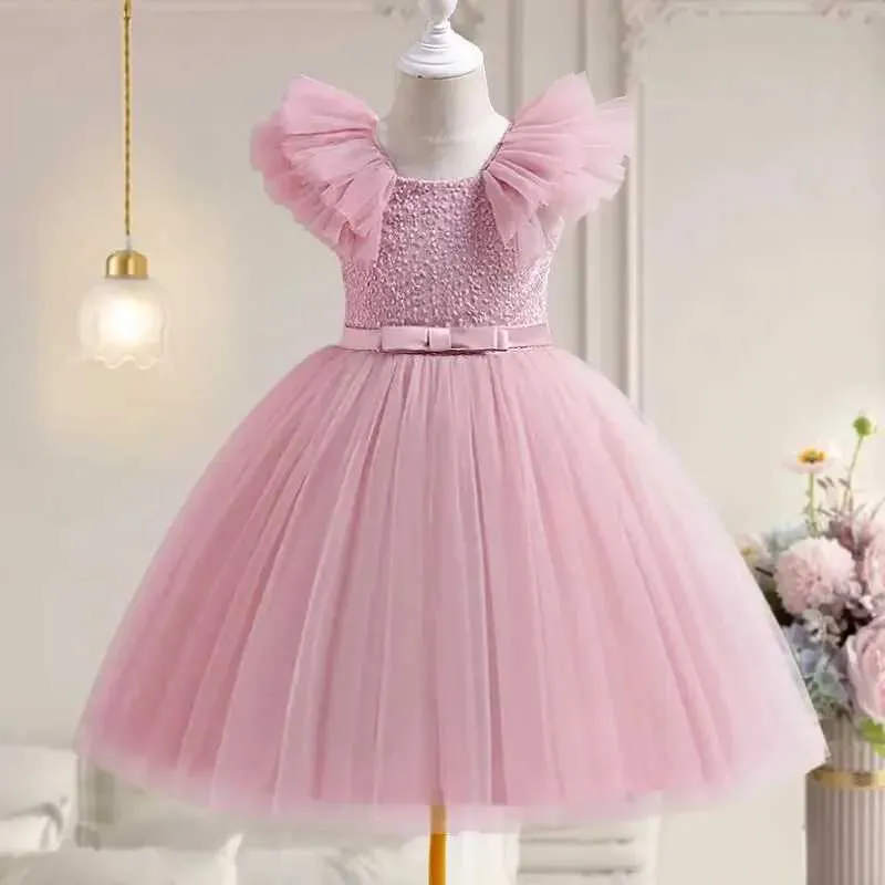Девушки платья девочки роскошные платье для вечеринки свадебное цветочное платье принцесса розовый день рождения лук детские кружевные платья для 3-8y детские рентабельные изделия