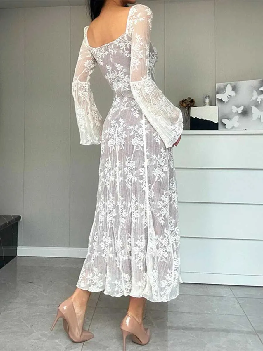 Women Beach Wear Floral Lace White Dress For Women Sexy Long Slve Square Neck Flower Tie-up Long Lace Midi Dresses For Wedding Y240504