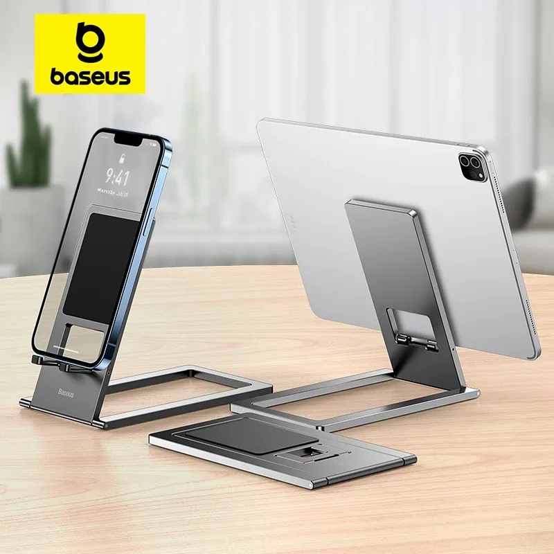 Stands Baseus Pieno di desktop in metallo pieghevole per iPhone 15 14 13 Pro Max iPad Pro 12.9 11 Samsung Tablet Desktop Stand Support Laptop